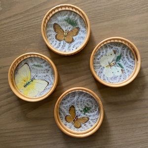 4 vintage pressed butterfly bamboo coasters